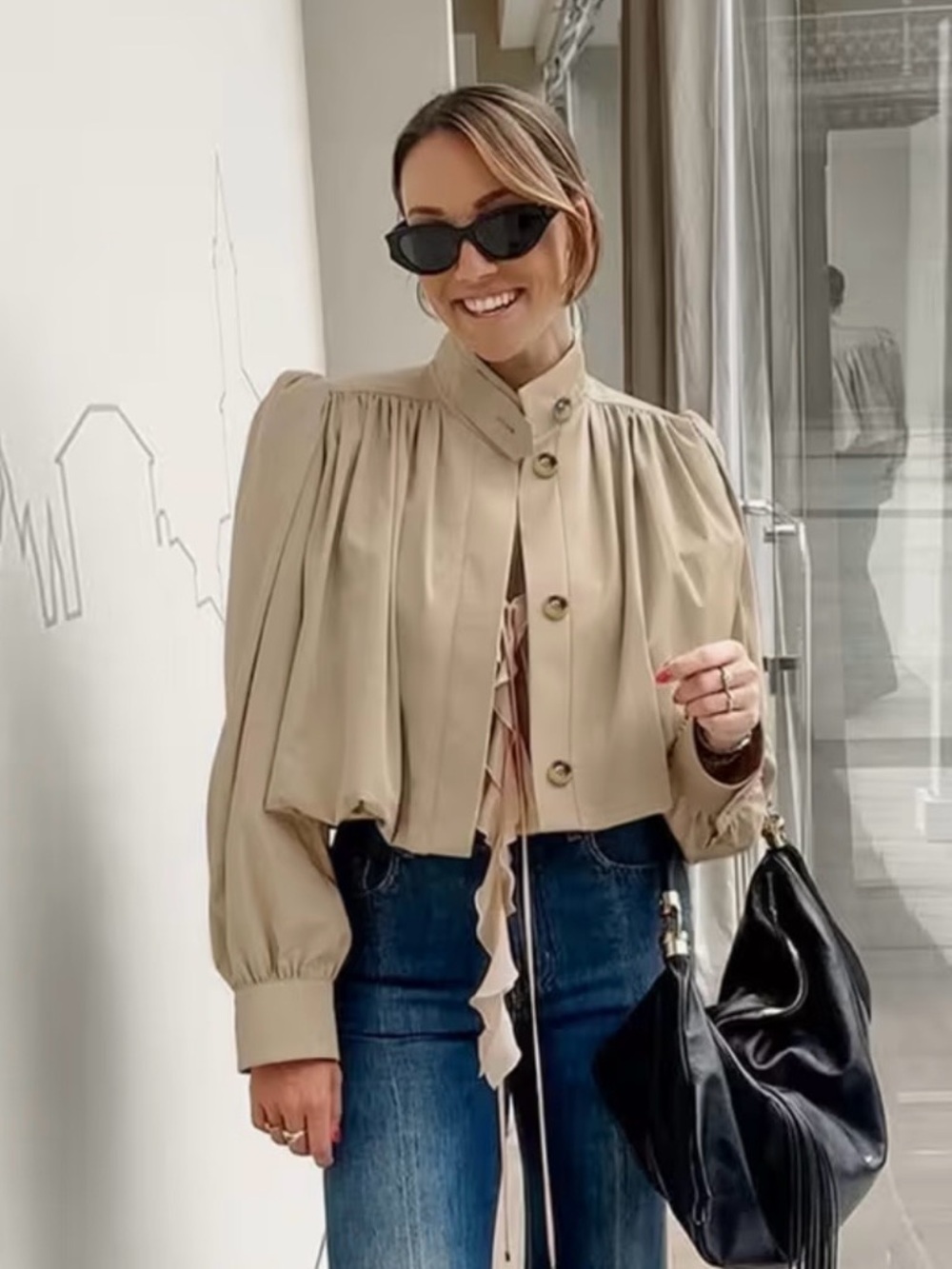 Beige Pleated Puff-Sleeve Cropped Jacket - Women